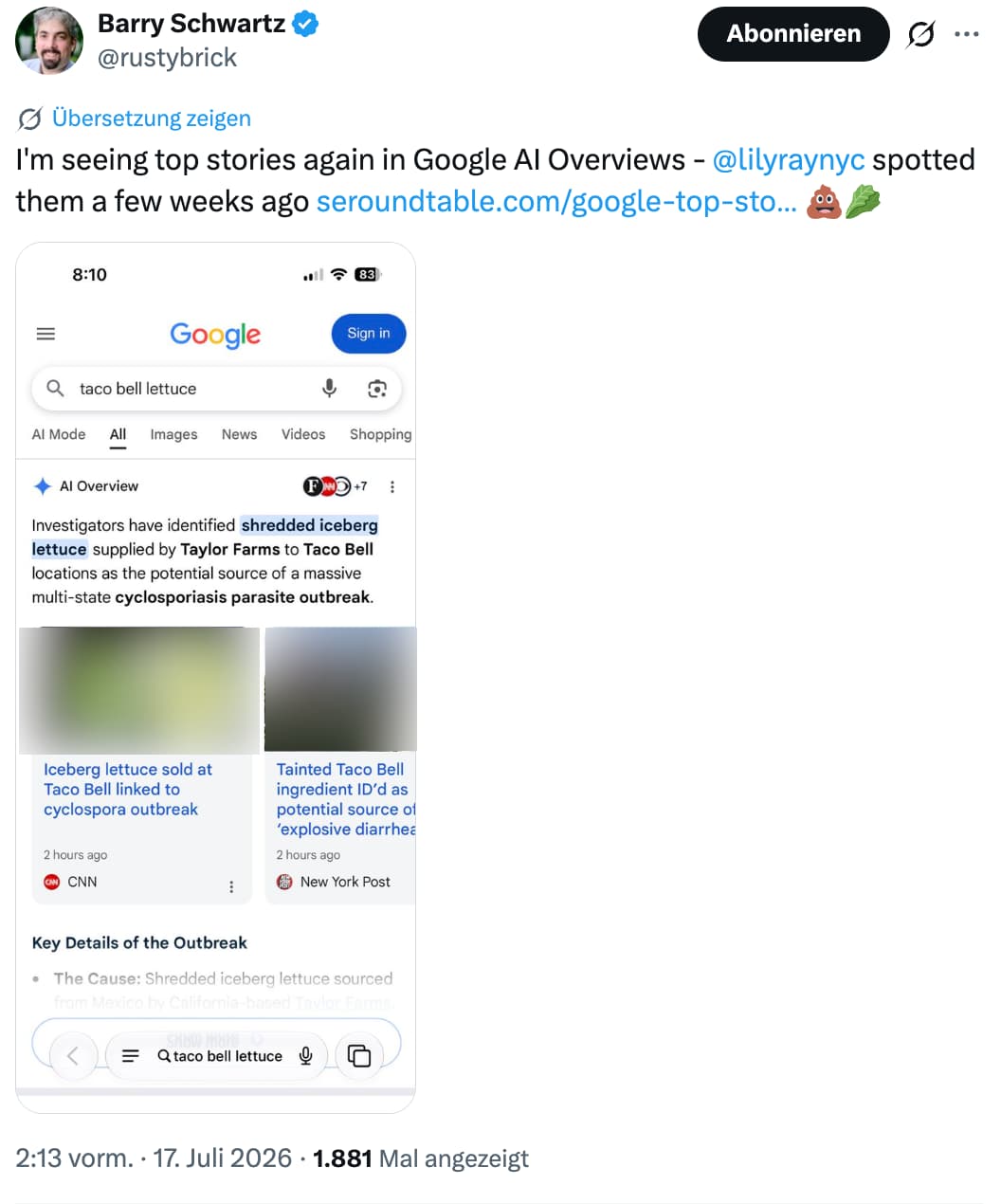 Top Stories in den Google AI Overviews: Barry Schwartz auf X