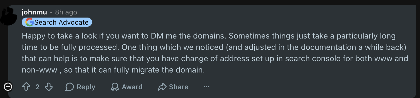 Google: Bei Website-Migratition das Tool zum Adresswechsel sowohl www als auch nicht www berücksichtigen