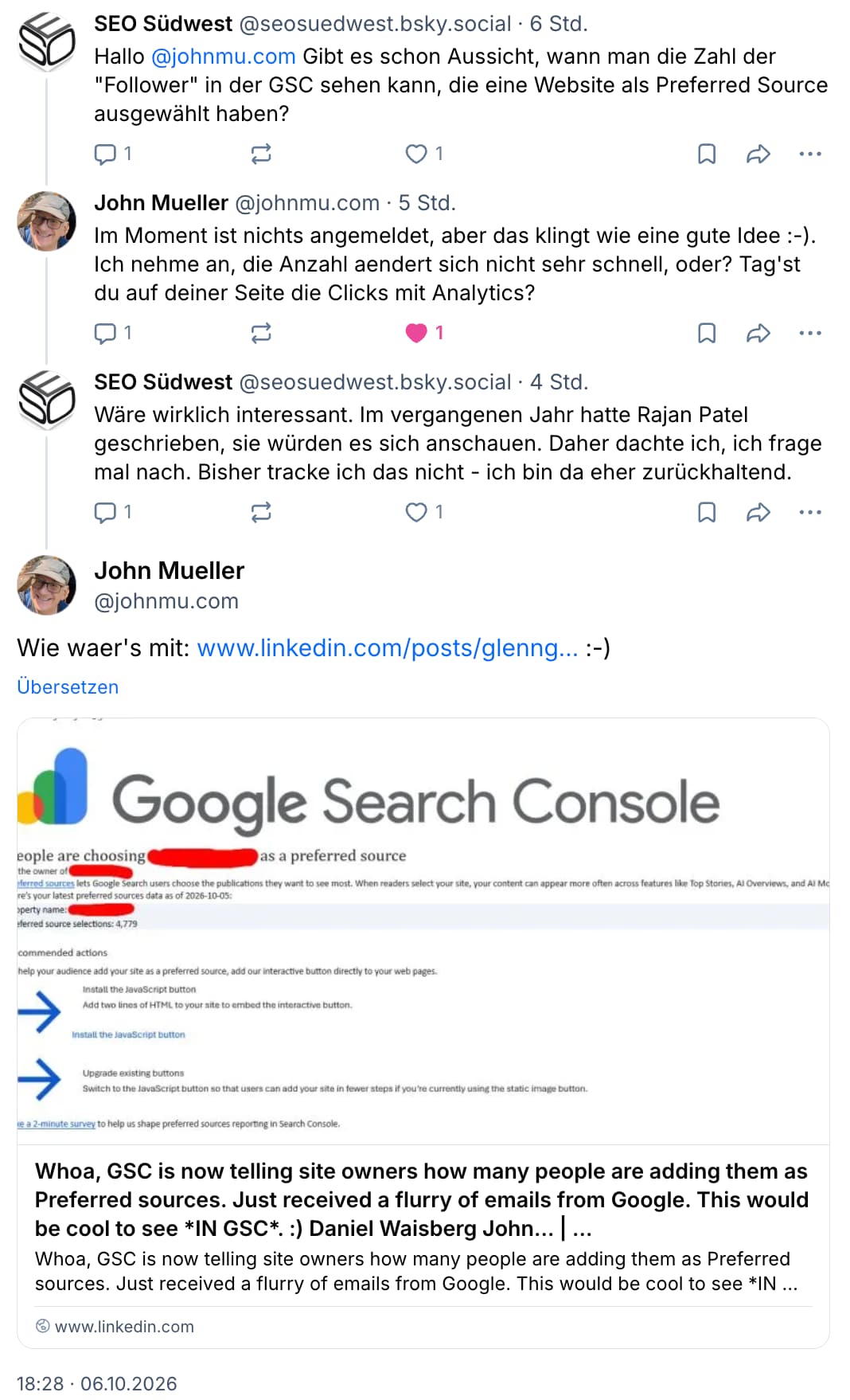 Google Benachrichtigung zu Preferred Sources: John Müller auf Bluesky