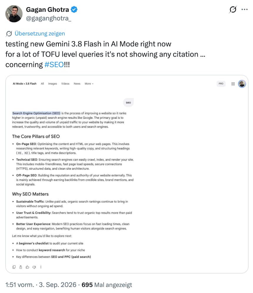 Google Gemini 38. Flash - kaum Citations im AI Mode - Gagan Ghotra auf X