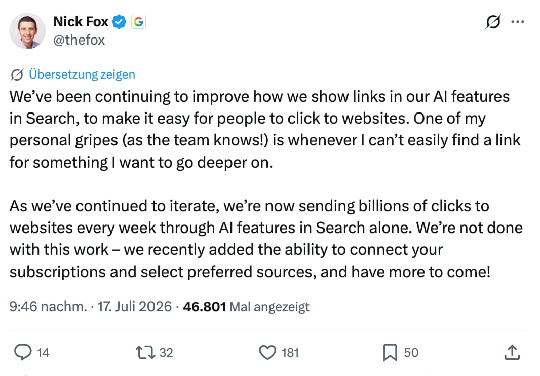 Google: Milliarden Klicks pro Woche aus KI-Features - Nick Fox auf X
