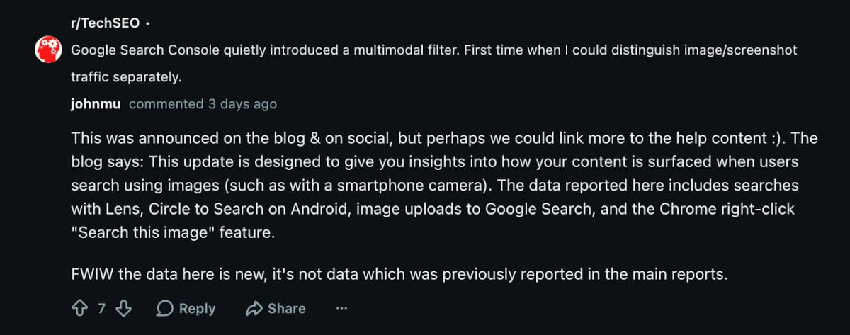Google: Daten in multimodalem Filter der Search Console sind neu und waren bisher in keinem Report enthalten: John Müller auf Reddit
