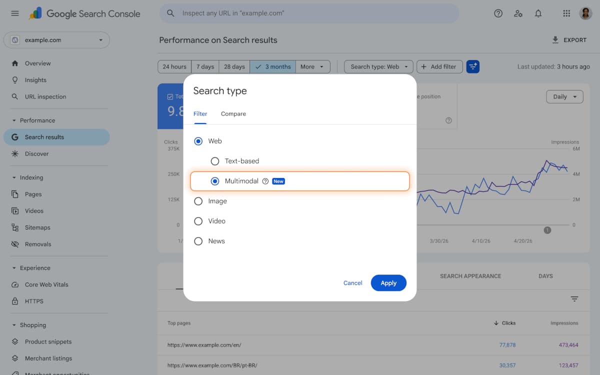 Google Search Console: multimodaler Filter