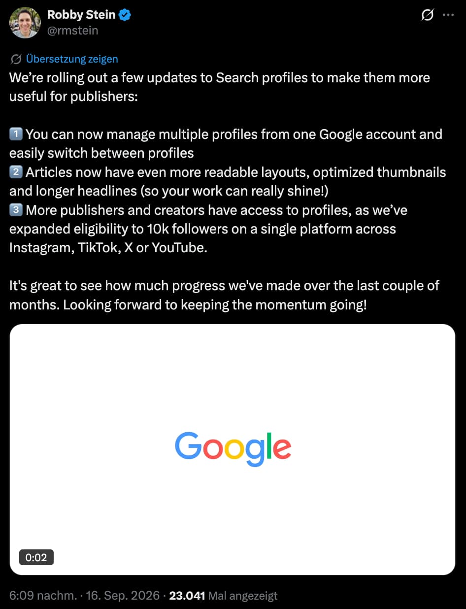 Google Search Profiles: Anpassungen zum 17.09.26 - Robby Stein auf X