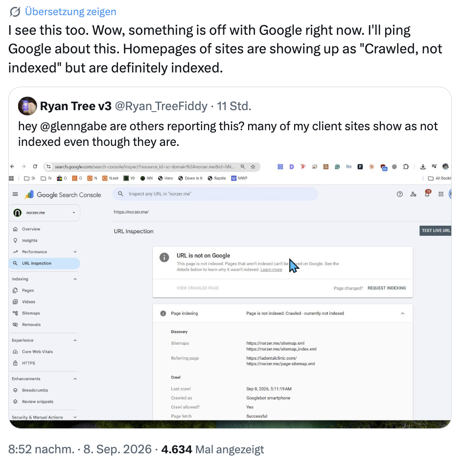 Google Search Console: Indexierte Seiten werden als nicht indexiert gekennzeichnet