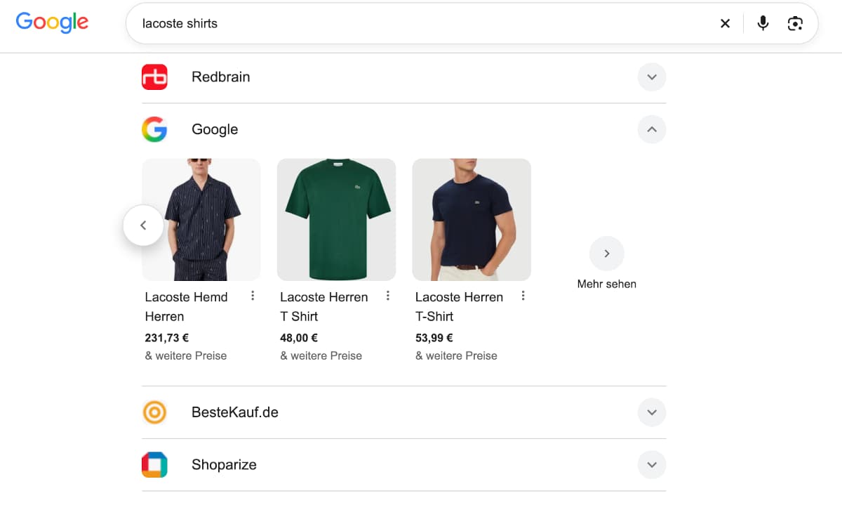 Google Shopping versteckt in einer Liste von Websites