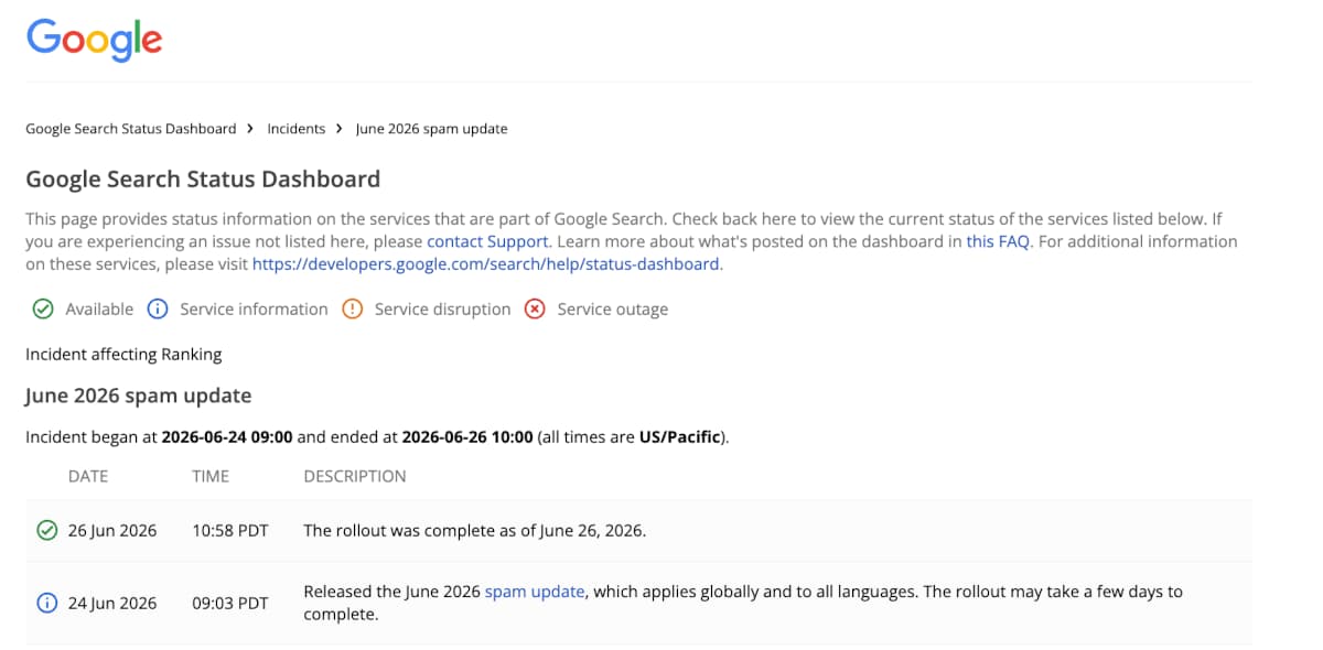 Google Spam Update vom Juni 2026 ist abgeschlossen - Google Search Status Page