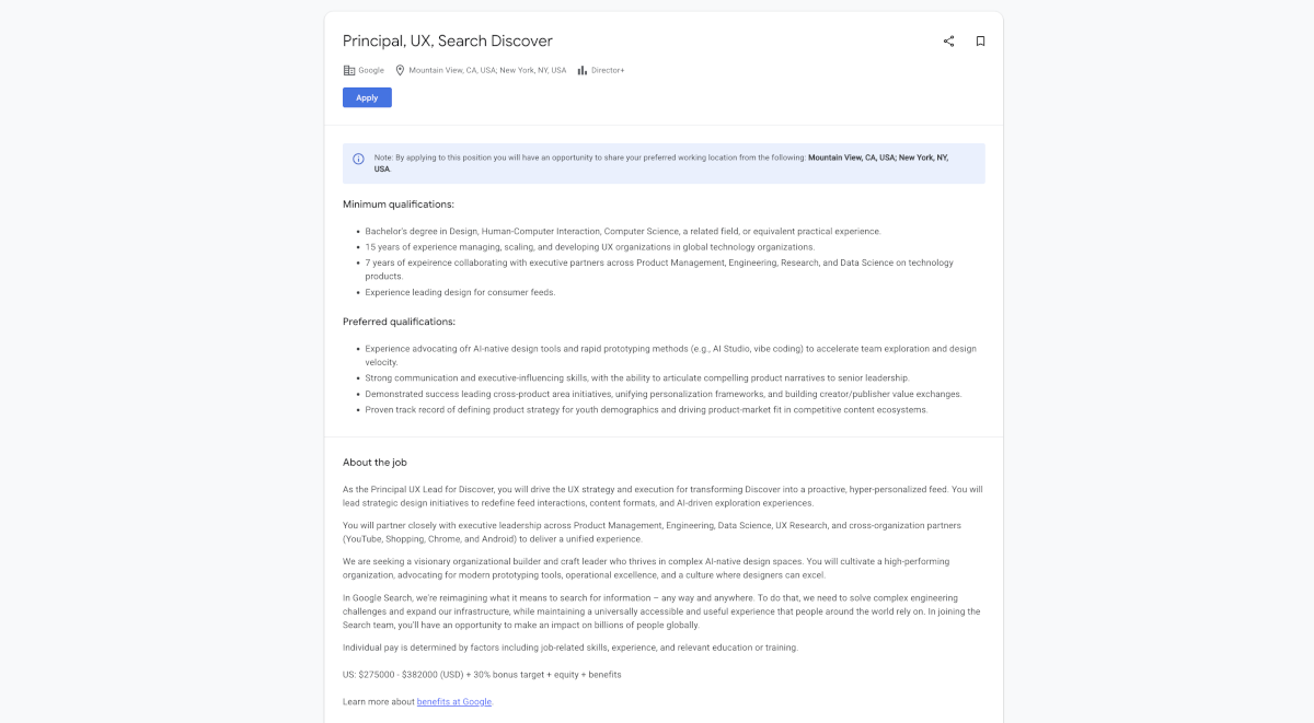 Google Stellenausschreibung Principal UX Search Discover