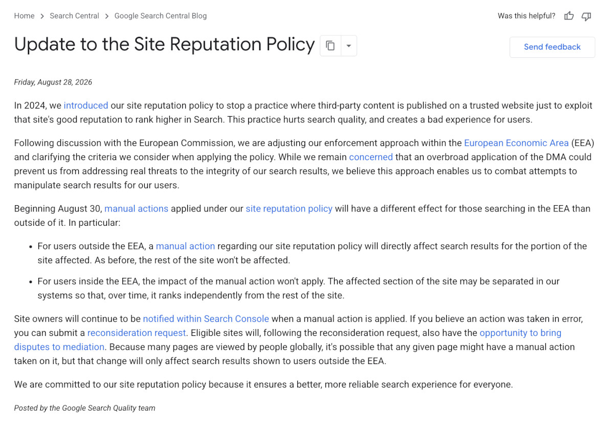 Google: Update zur Site Reputation Abuse Policy im europäischen Wirtschaftsraum