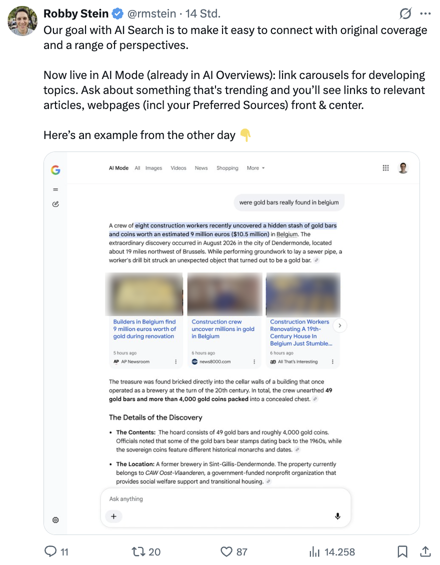 Link Karussells im Google AI Mode: Robby Stein auf X