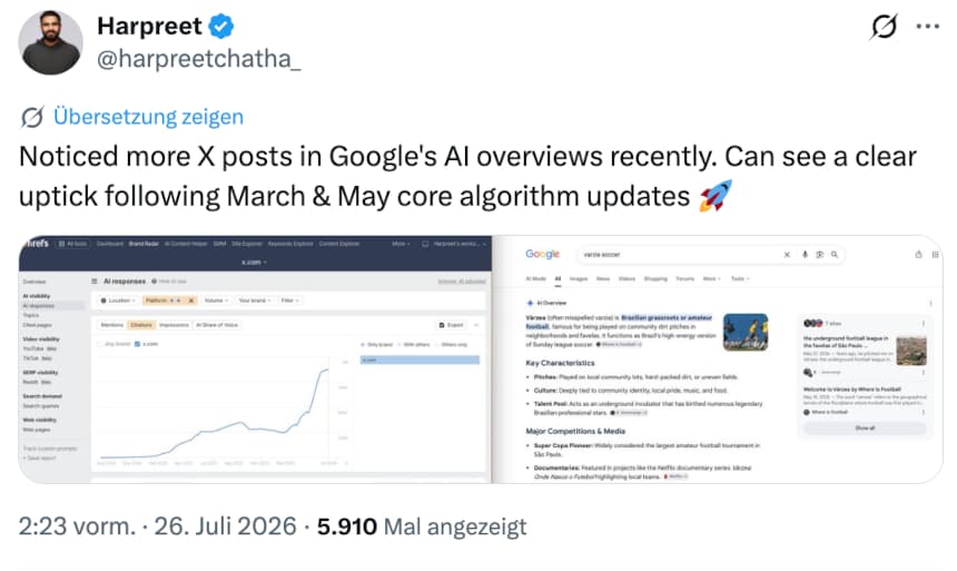 Mehr X in den AI Overviews: Harpeet Chatha auf X