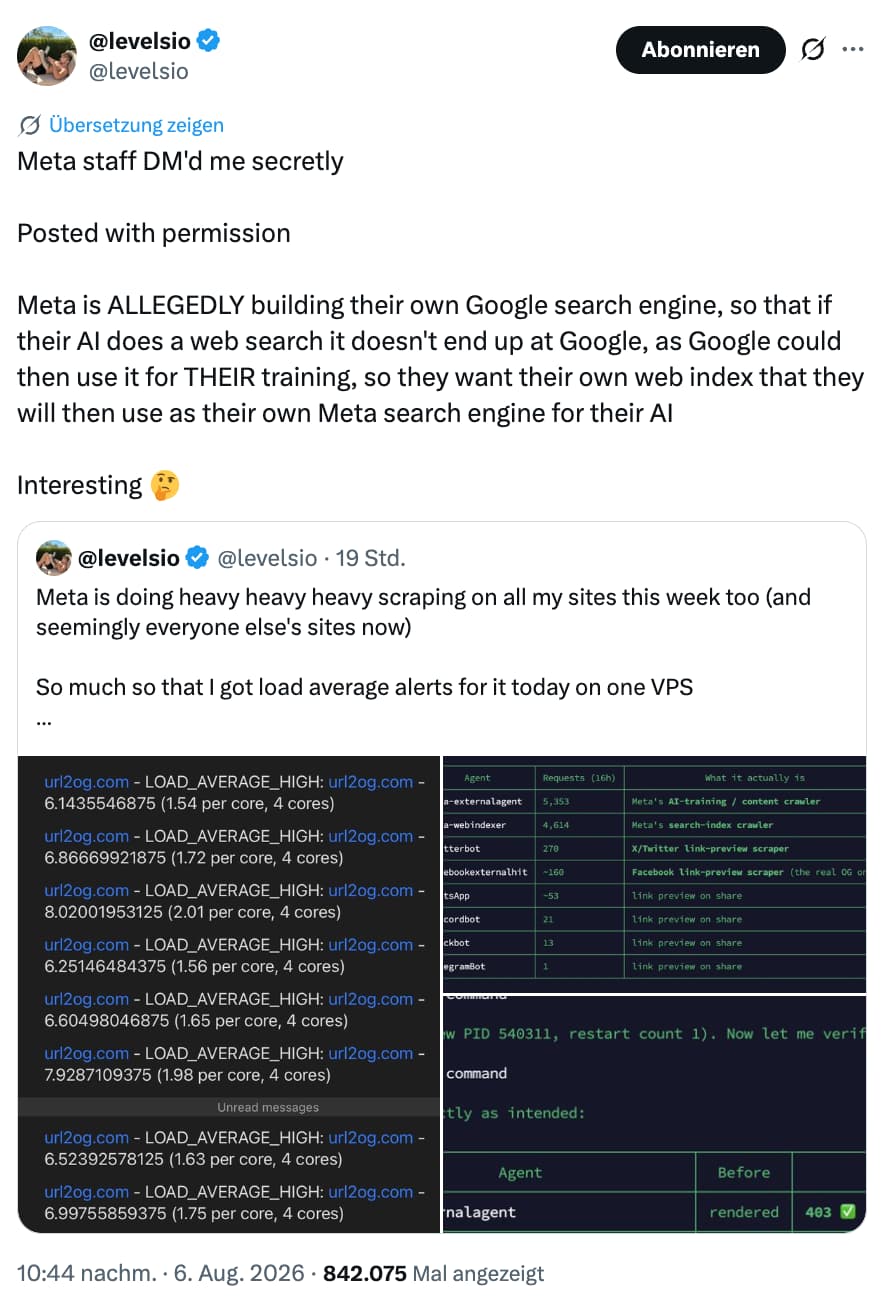 Meta crawlt Websites - baut Meta einen eigenen Index? levelsio auf X