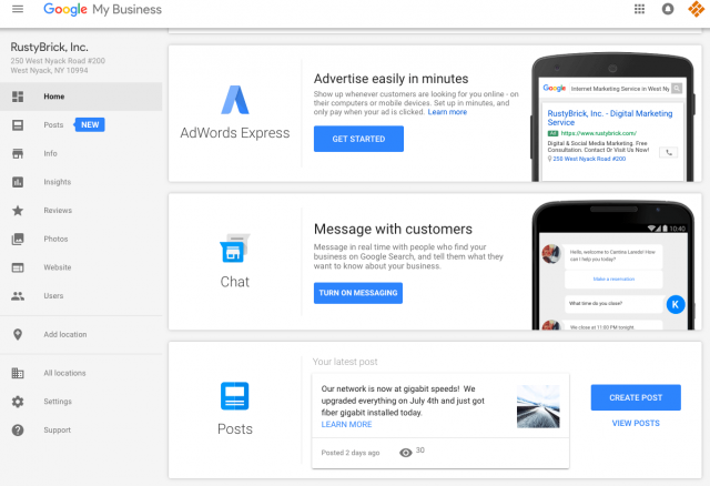 Google My Business Dashboard mit Messaging