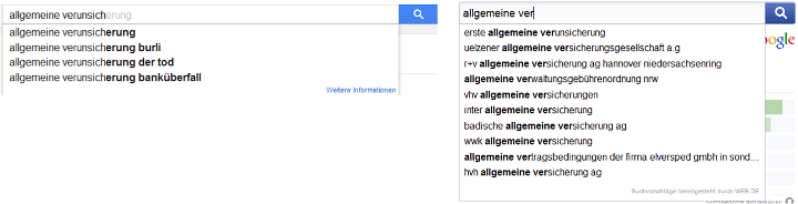 Vergleich der Auto-Suggests von Google und WEB.DE