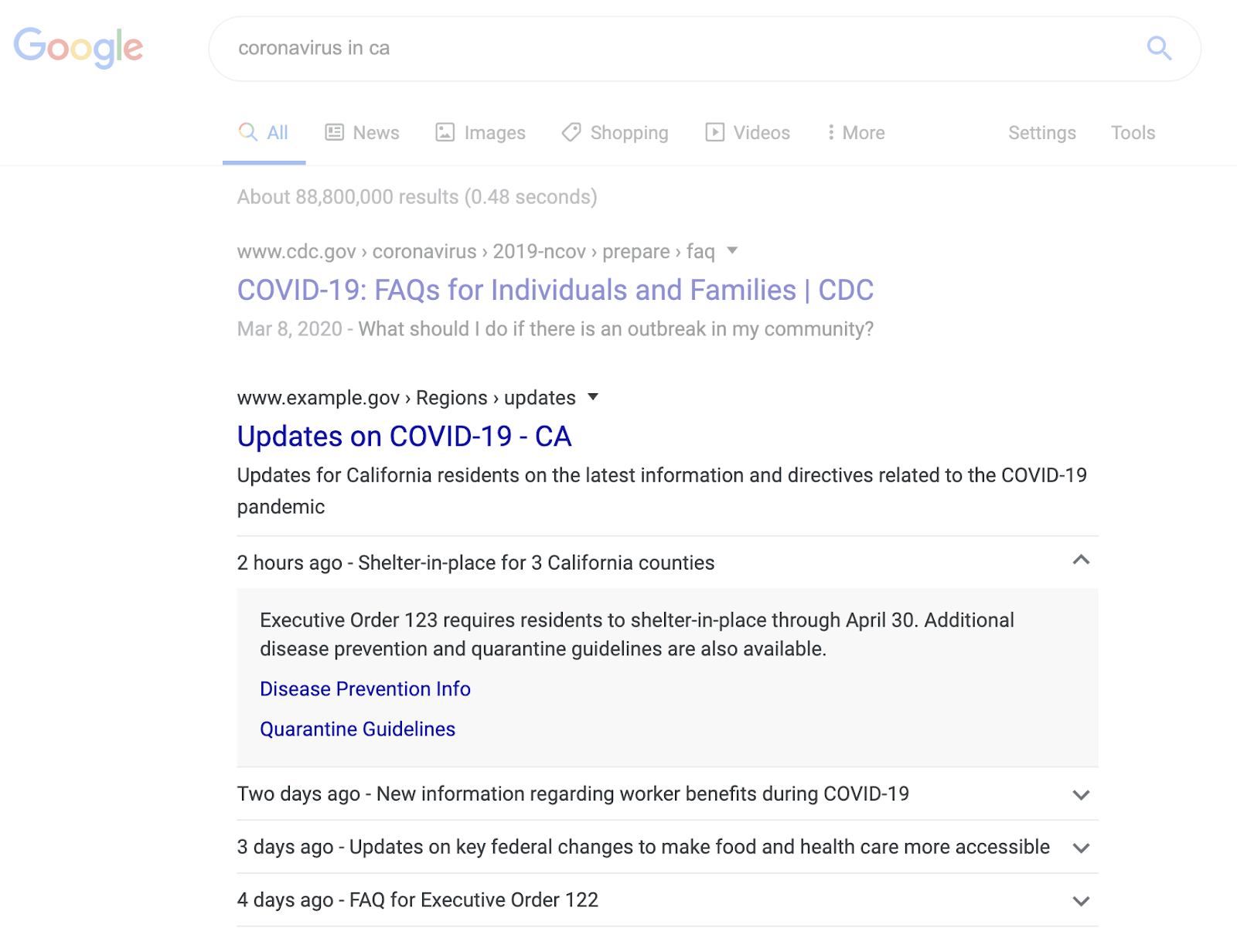 Google: hervorgehobene Ankündigung zu Corona in der Suche
