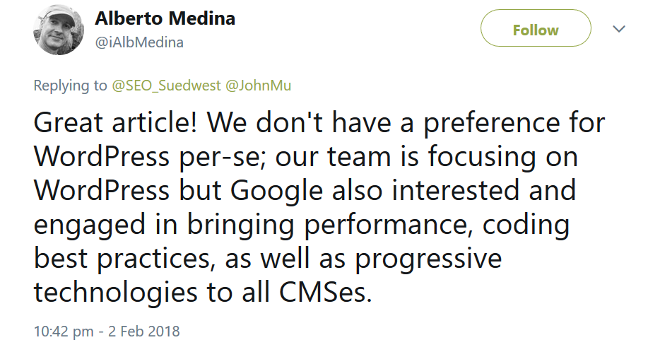 Alberto Medina: Great article! We don't have a preference for WordPress per-se; our team is focusing on WordPress but Google also interested and engaged in bringing performance, coding best practices, as well as progressive technologies to all CMSes.