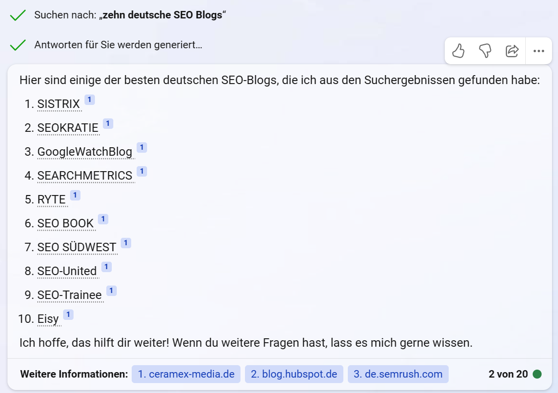 Antwort des Bing Chats auf die Frage nach zehn deutschen SEO-Blogs