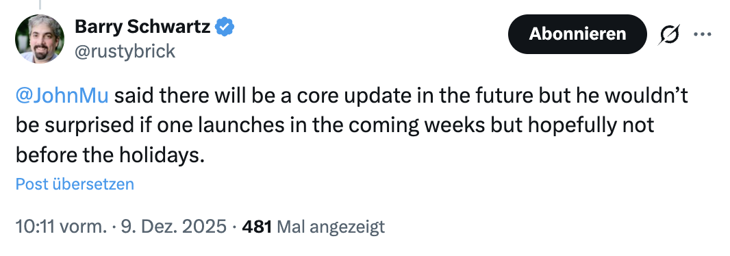 John Müller von Google: Nächstes Google Core Update kommt bald - Barry Schwartz auf Twitter