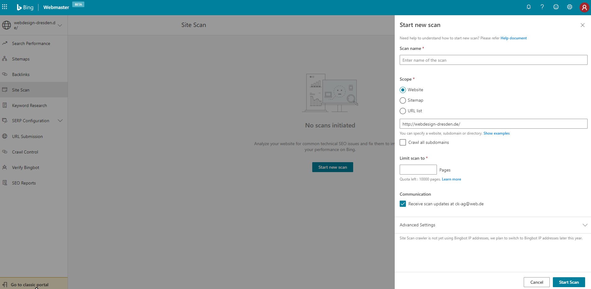 Bing Webmaster Tools: Website Scan starten