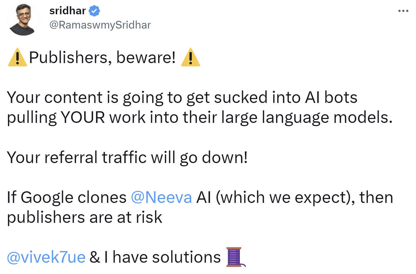 Sridhar Ramaswamy warnt vor Traffic-Verlusten für Websites durch KI-Chatbots