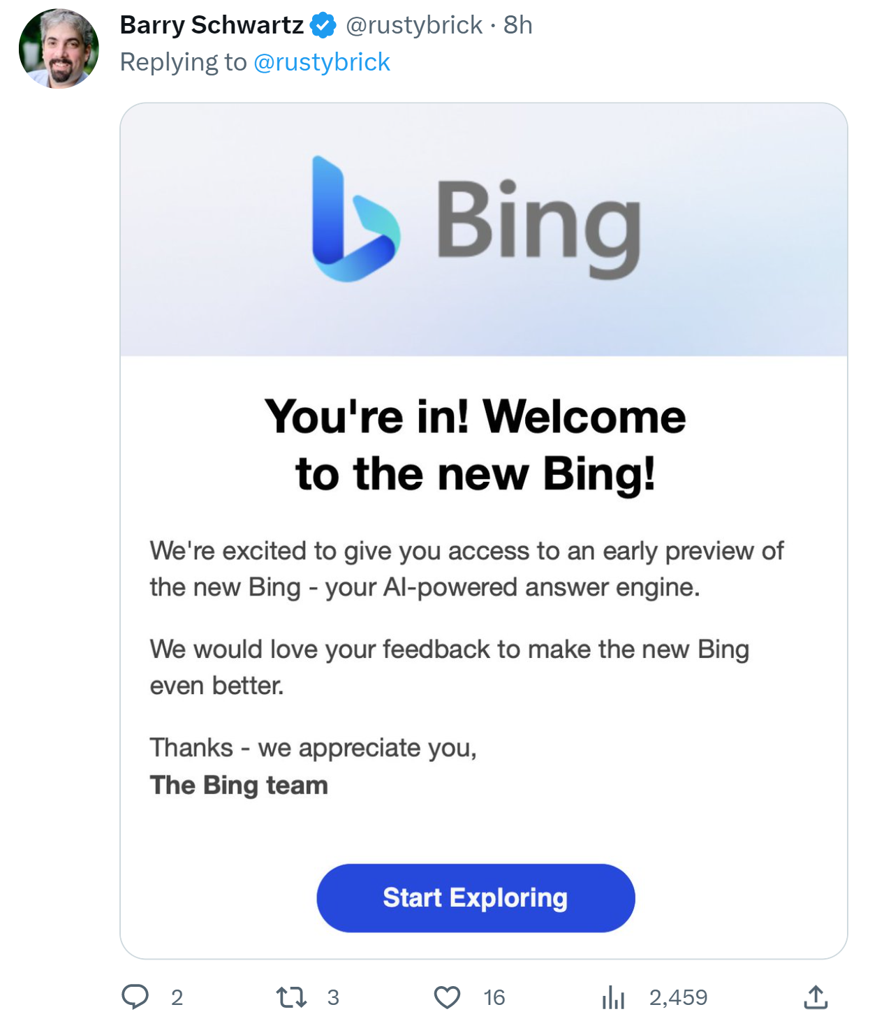 Barry Schwartz auf Twitter: Zugriff auf das neue Bing ist da