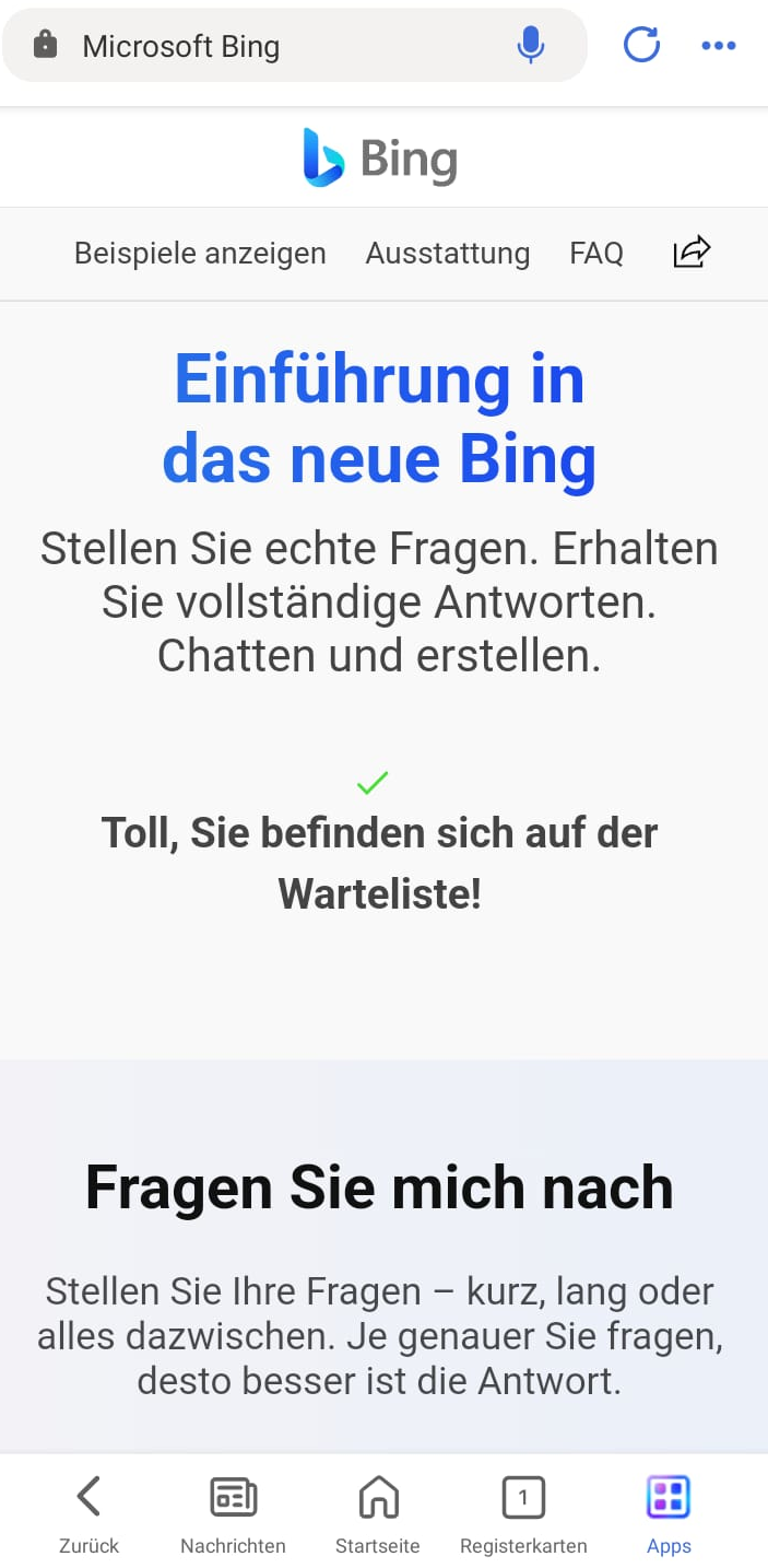 Das neue Bing: Warteliste