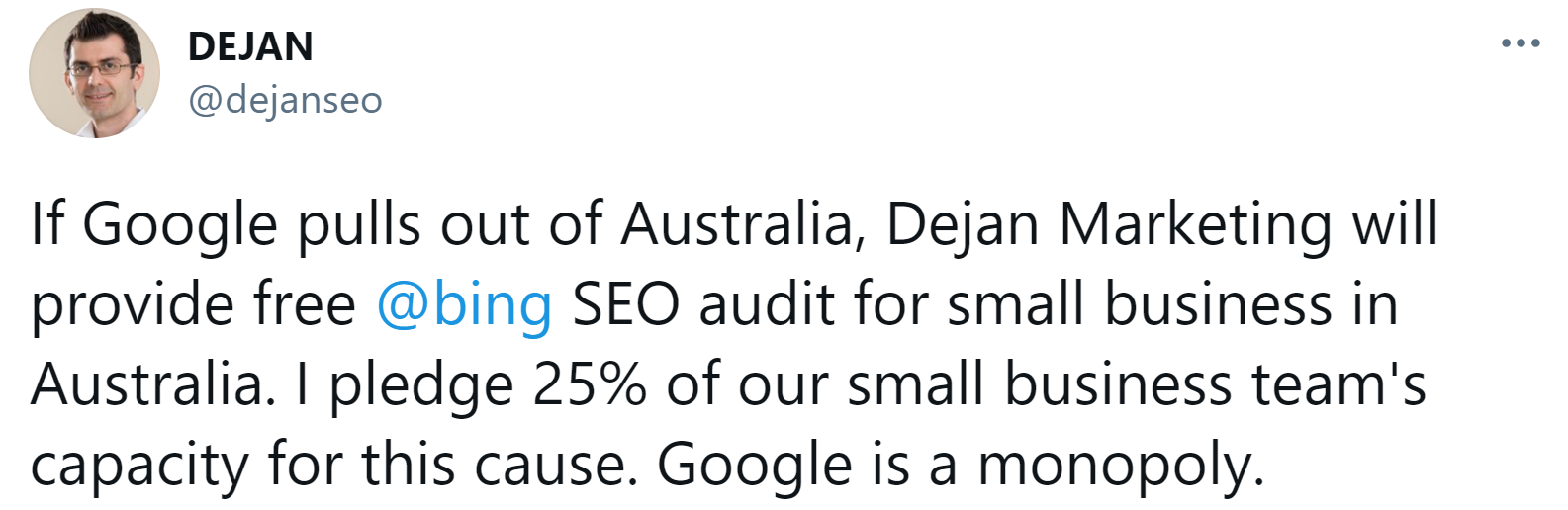 Dejan Petrovic bietet kostenlose Beratung zu Bing an, wenn Google in Australien abgeschaltet wird