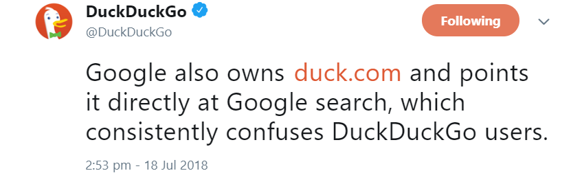 DuckDuckGo beschwert sich wegen des Google-Redirects von duck.com