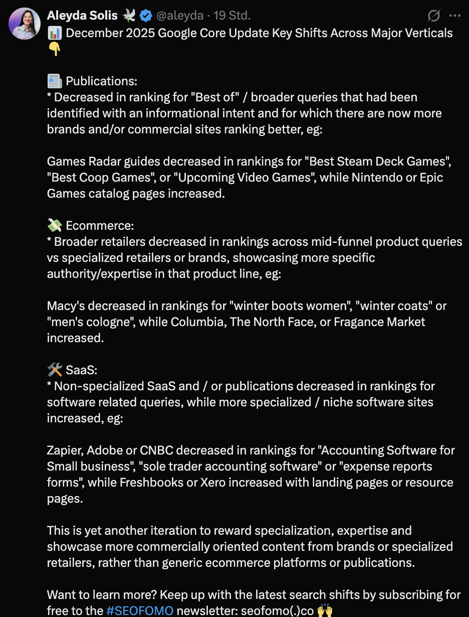 Ergebnisse des Google Core Updates: Beispiele für Auswirkungen - Aleyda Solis auf Twitter