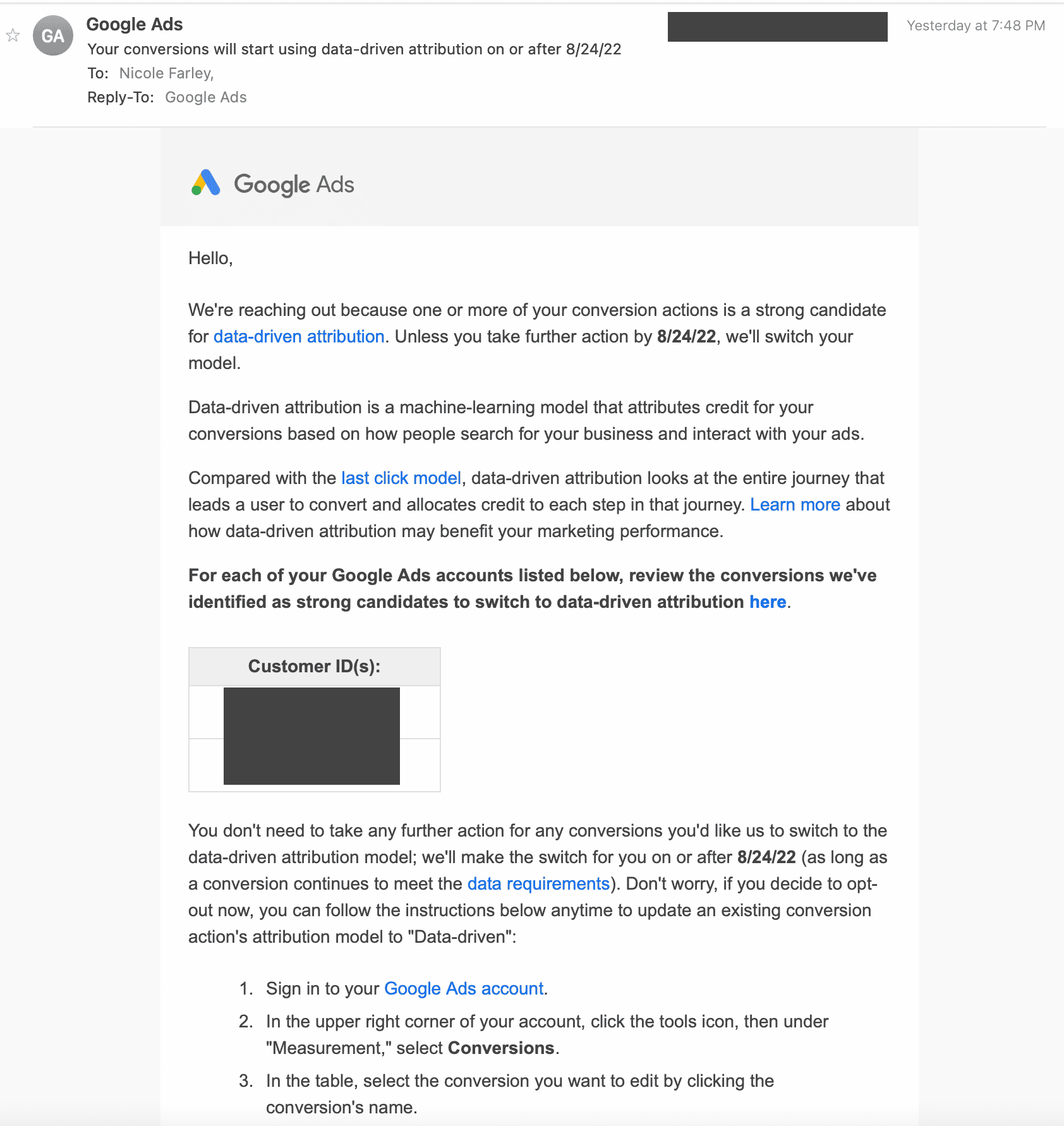 Google Ads informiert per Mail über Umstellung auf datengetriebenes Attributionsmodell