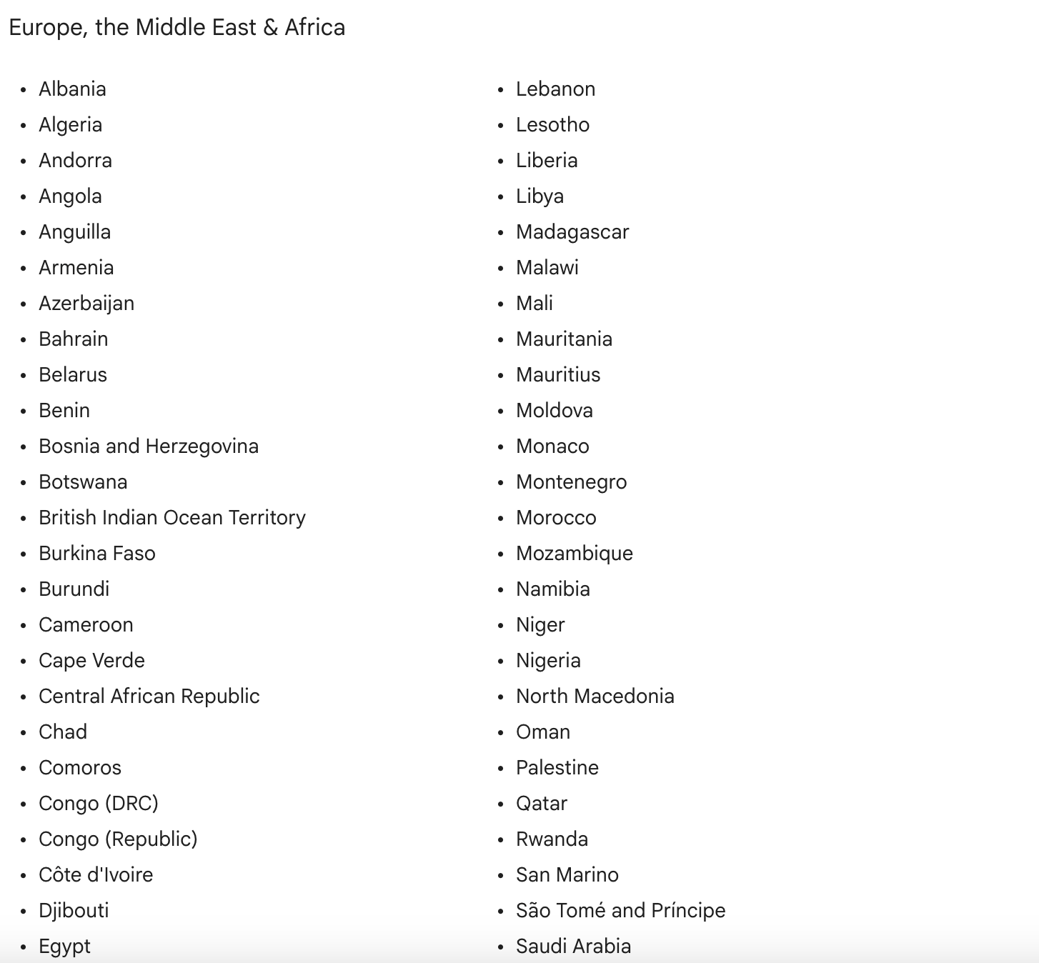 Google AI Mode: unterstützte Länder im Bereich EMEA (Ausschnitt)