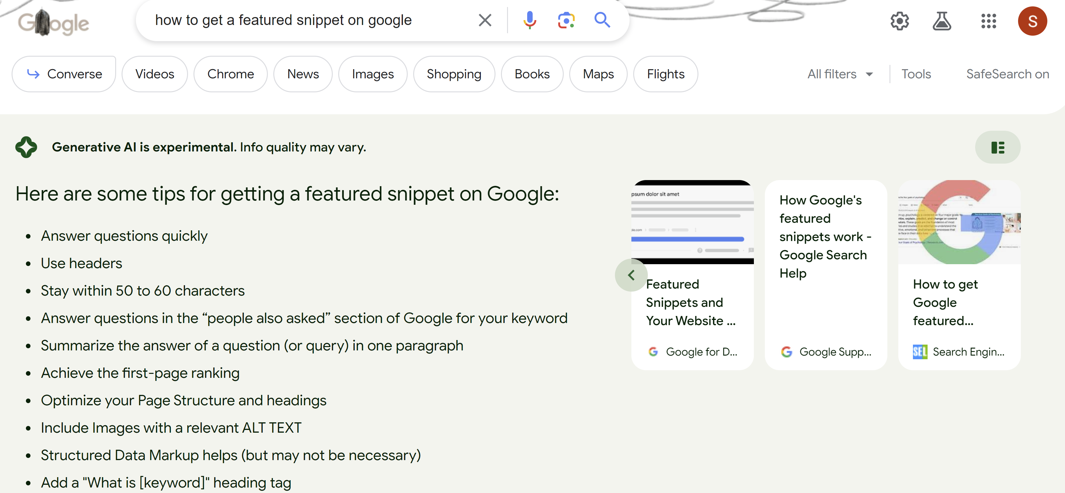 Google SGE: AI-Snapshot für die Suche nach 'how to get a featured snippet on google'