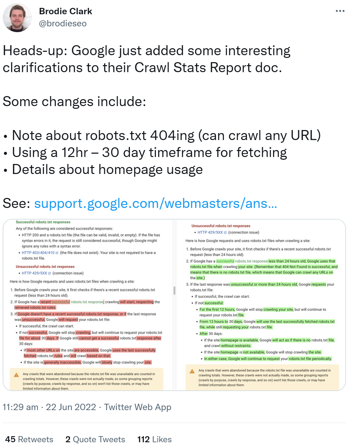 Brodie Clark auf Twitter: Änderungen an der Dokumentation zum Crawl-Statusreport in der Google Search Console