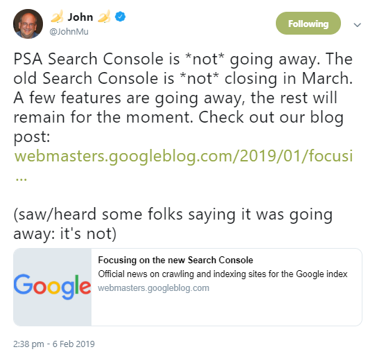 Google: Alte Search Console wird im März nicht abgeschaltet