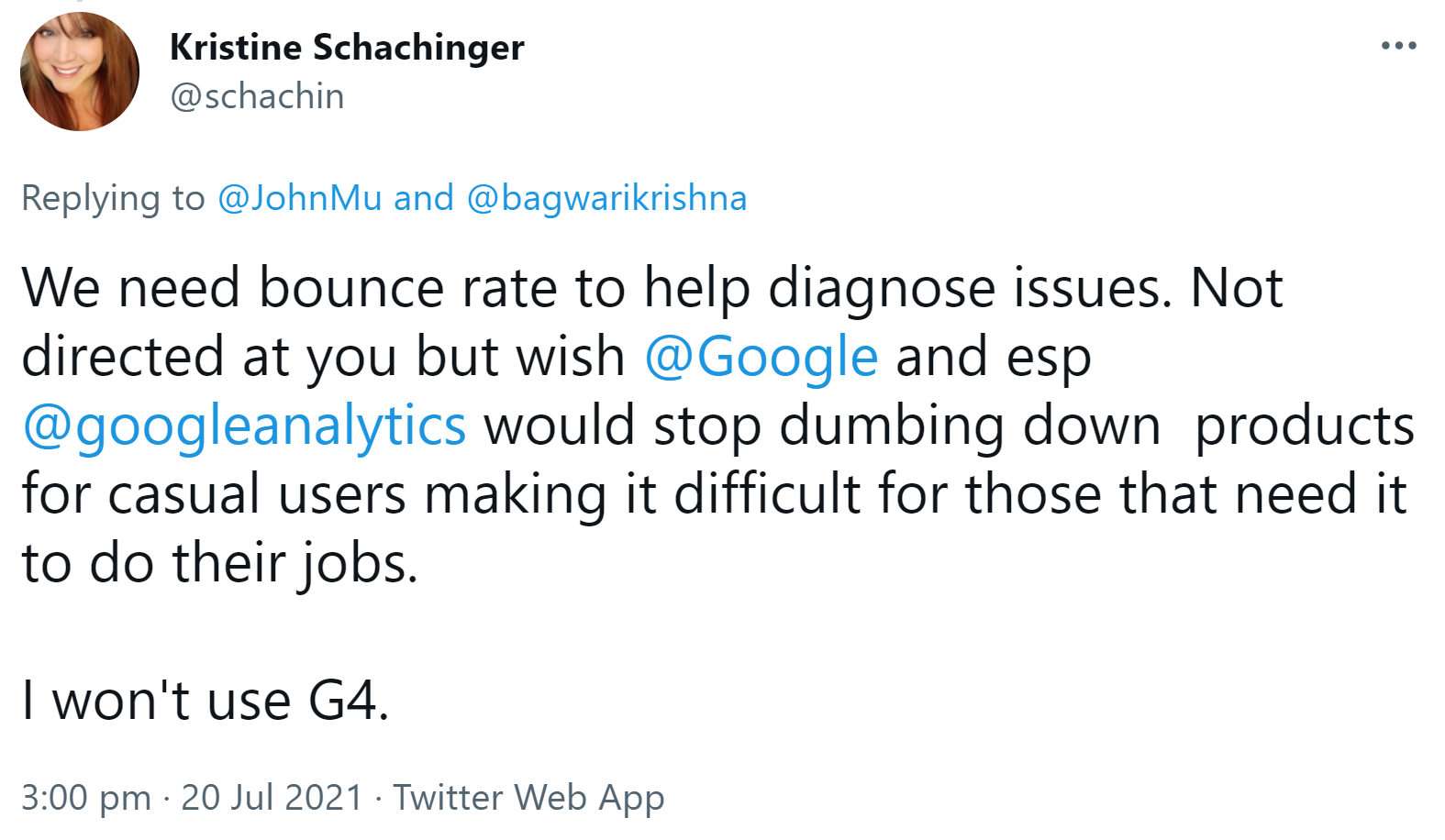Bounce Rate für Diagnosezwecke benötigt: Kristine Schachinger wird deshalb Google Analytics 4 nicht verwenden