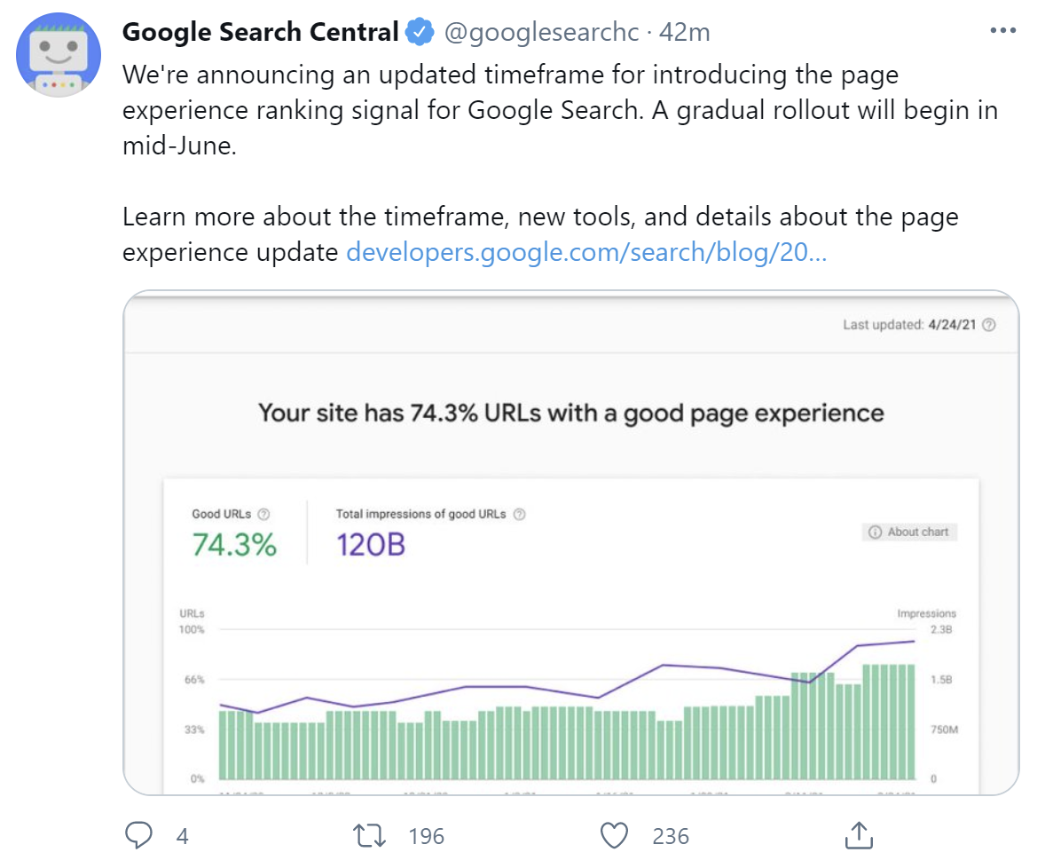 Google: Ankündigung des Page Experience Updates für Juni auf Twitter