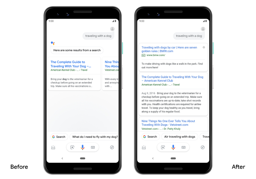 Google Assistant zeigt Webergebnisse und Ads