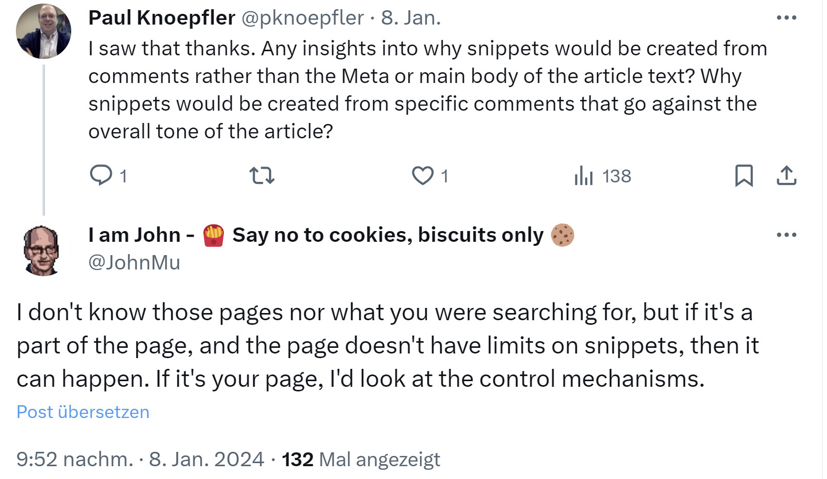 Google: Auch Kommentare können für Snippets genutzt werden - John Müller auf Twitter