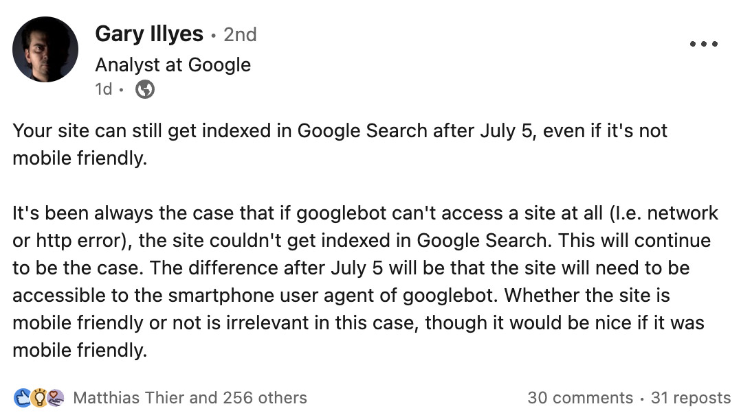 Google: Nicht mobilfreundliche Seiten können auch nach dem 5. Juli indexiert werden