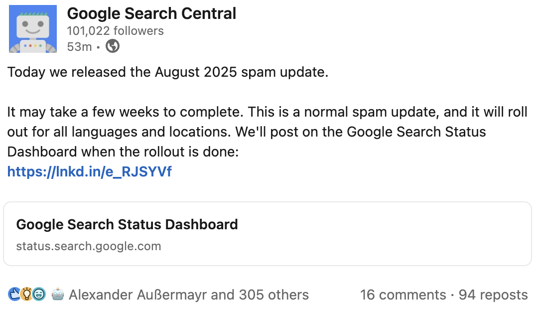 Google gibt Rollout des August 2025 Spam Updates bekannt