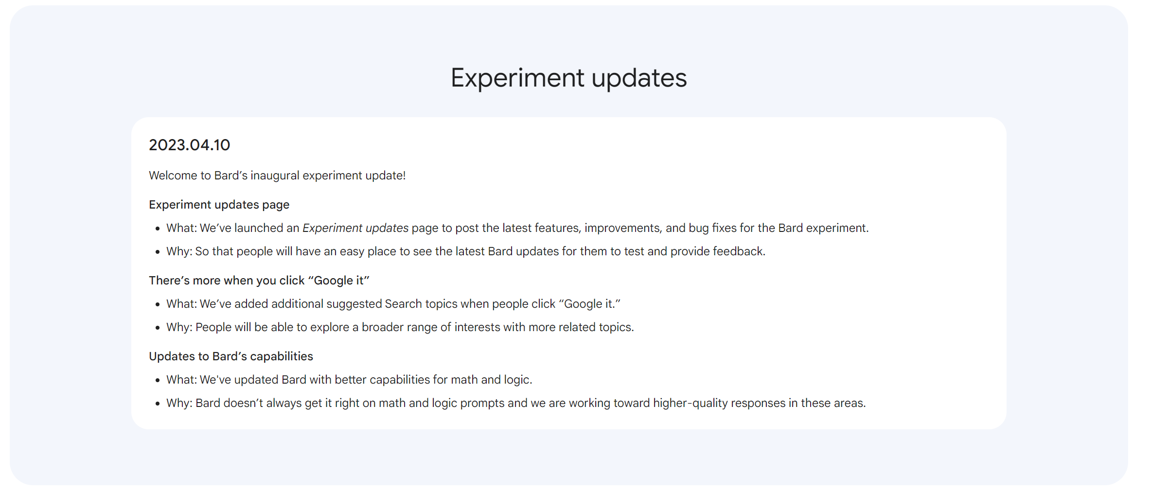 Google Bard 'Experiment updates'