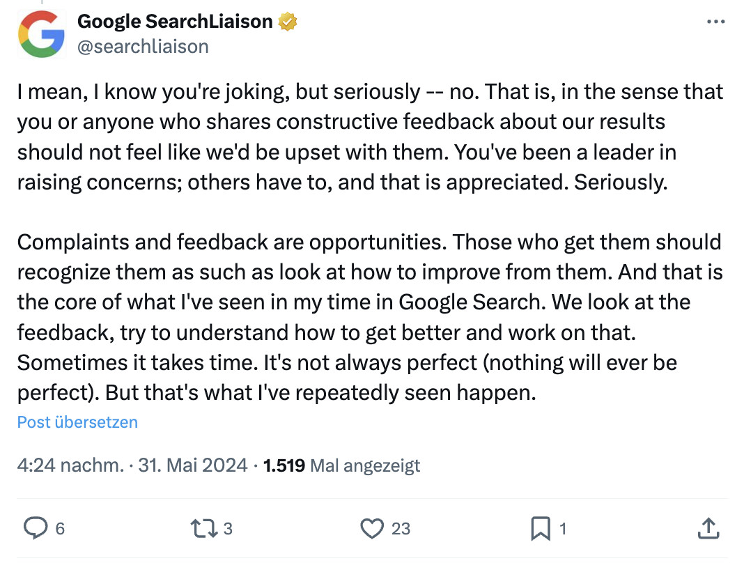 Google begrüßt Feedback zu Suchergebnissen