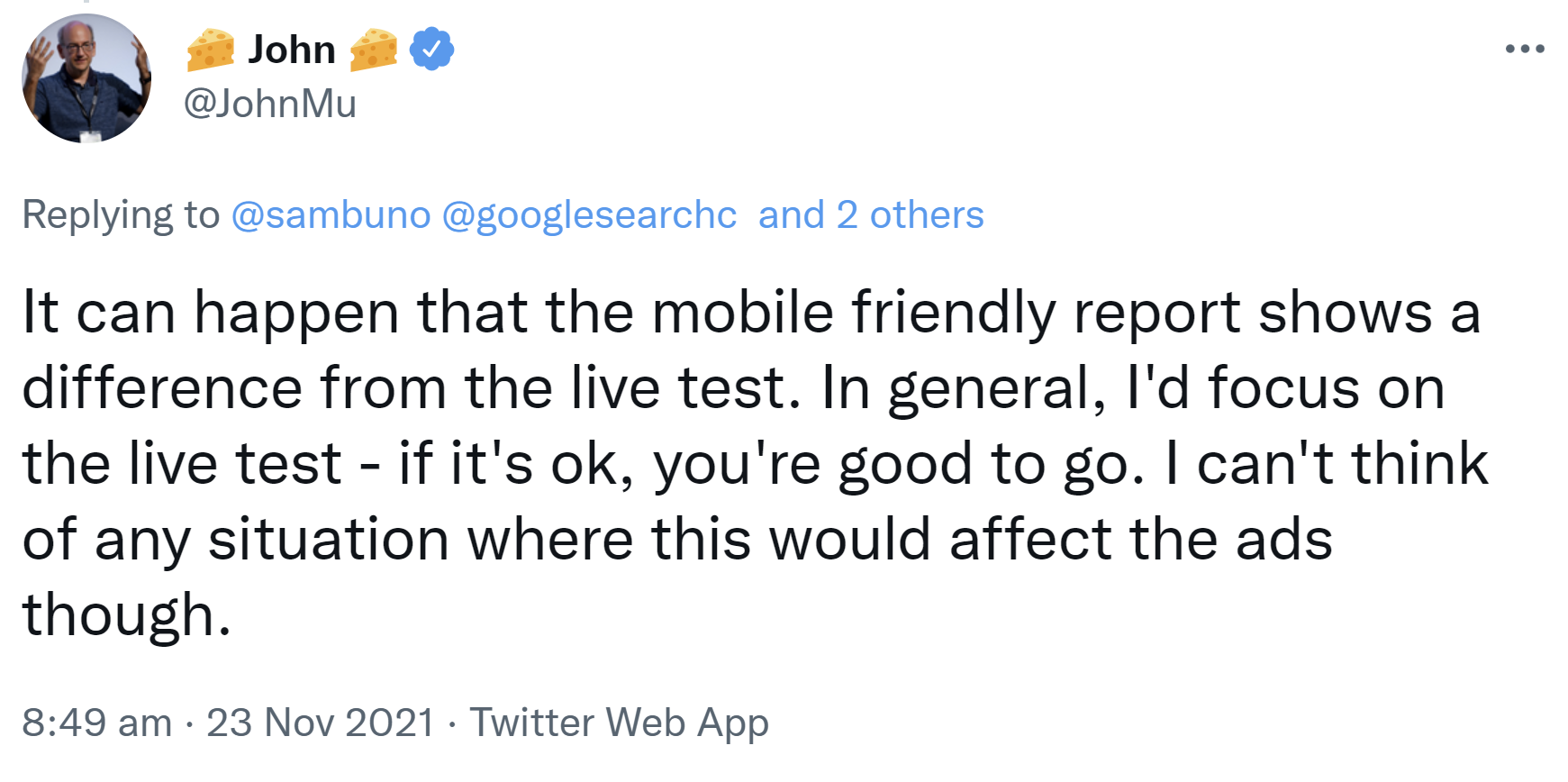 Google: Wenn die Ergebnisse zur Mobilfreundlichkeit zwischen Search Console und Mobile Friendly Test abweichen, eher auf den Live-Test schauen