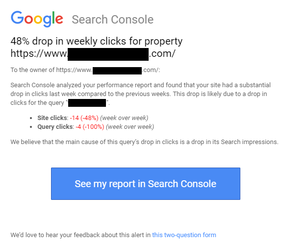 Google versendet Mitteilung, wenn die Zahl der Klicks aus der Suche deutlich abgenommen hat