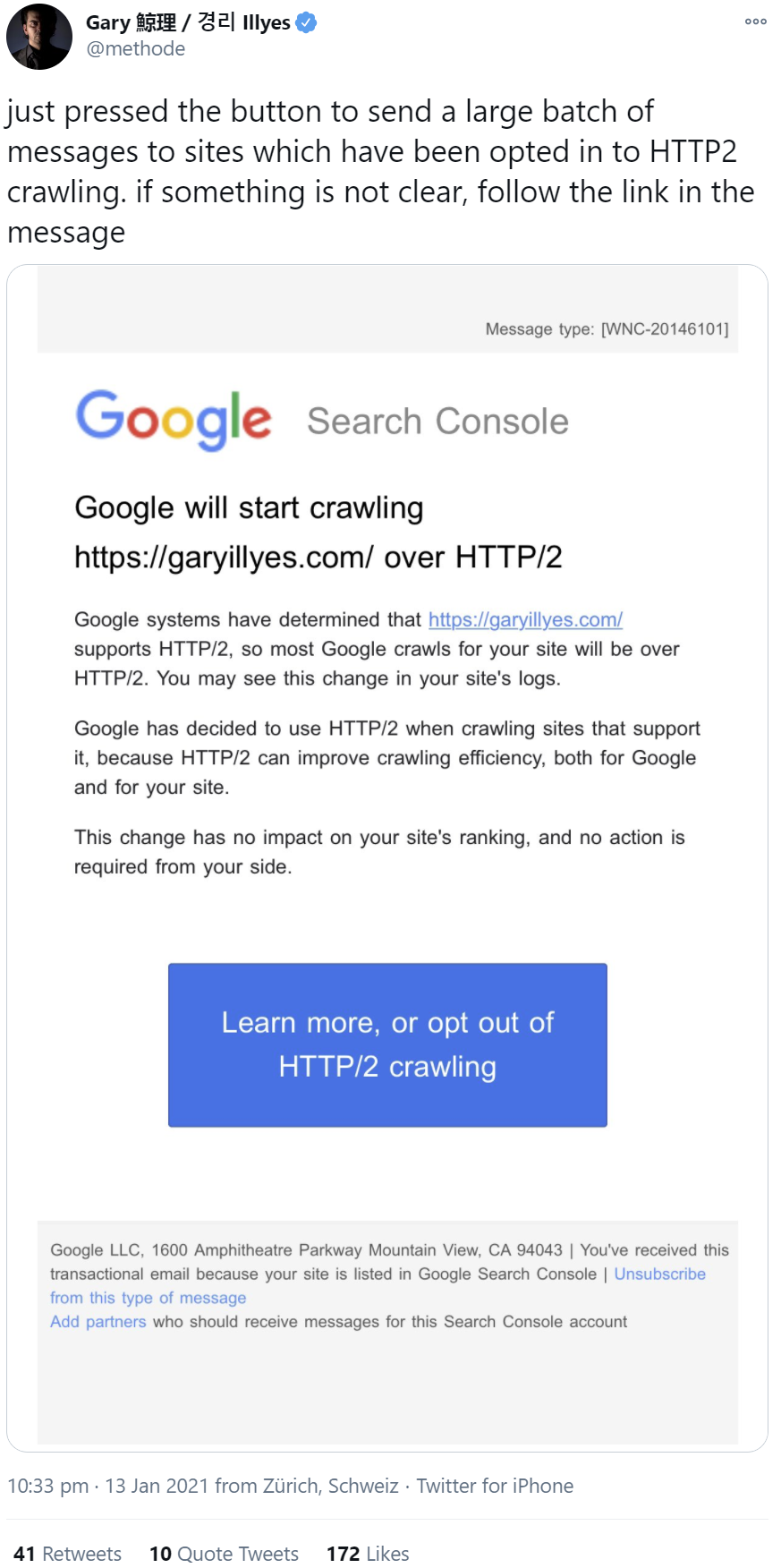Google benachrichtigt Betreiber ausgewählter Websites über die Umstellung des Crawlens auf HTTP/2