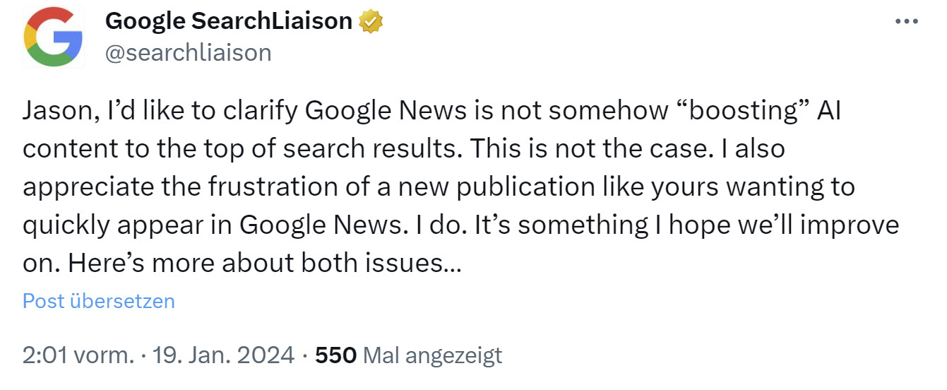 Google: 'Wir boosten keine KI-Inhalte in Google News'