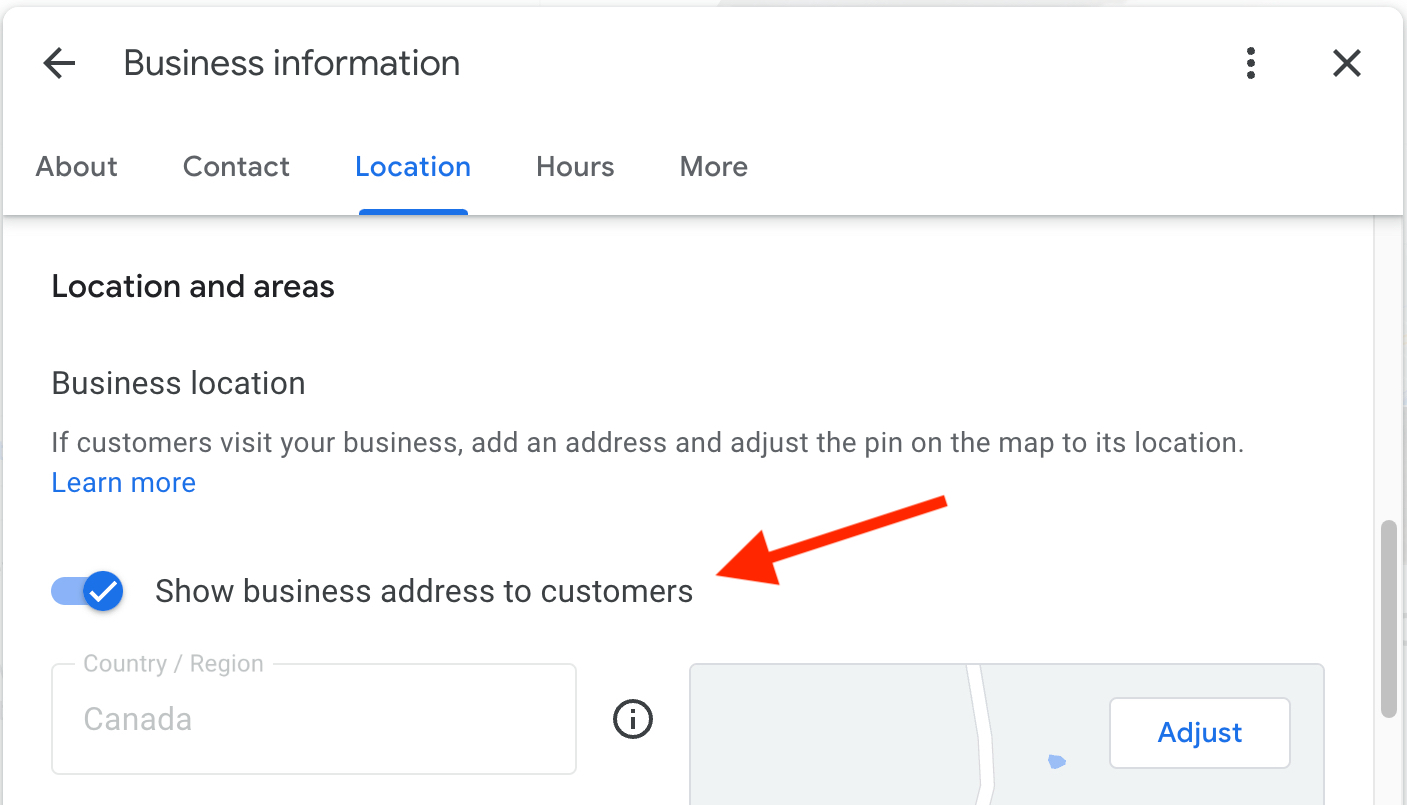 Google Business Profiles: Schalter zum Ausblenden der Adresse