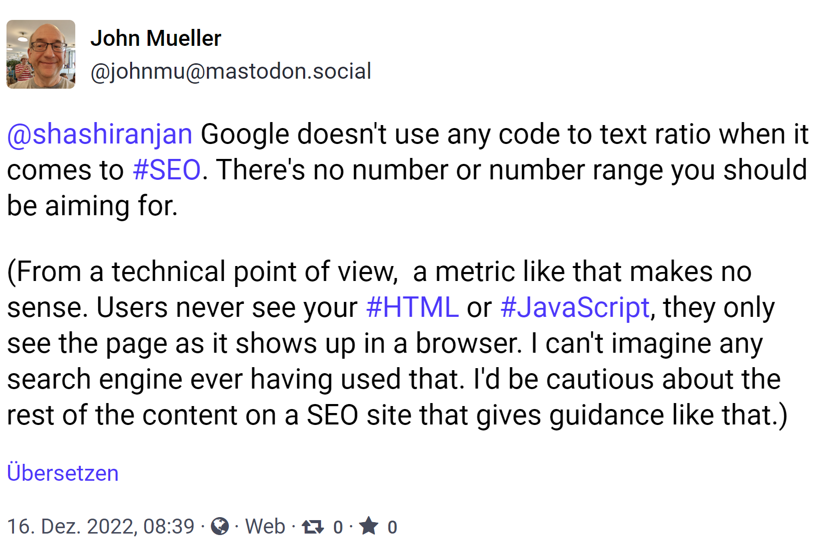Google verwendet die Code to Text Ratio nicht für SEO