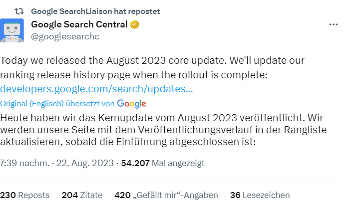 Google rollt August 2023 Core Update aus