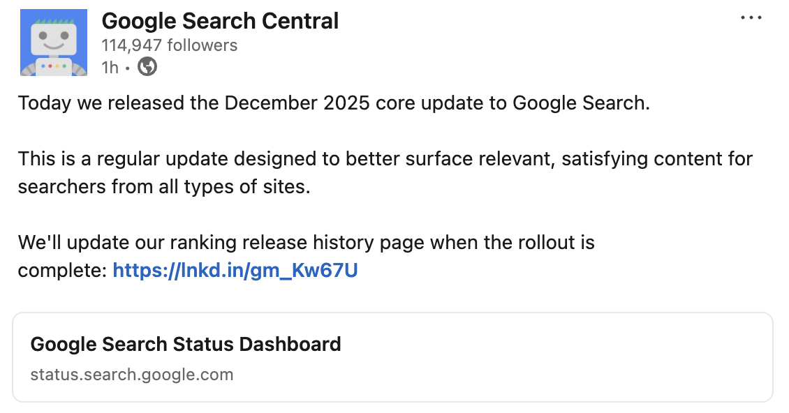 Google rollt das Core Update vom Dezember 2025 aus